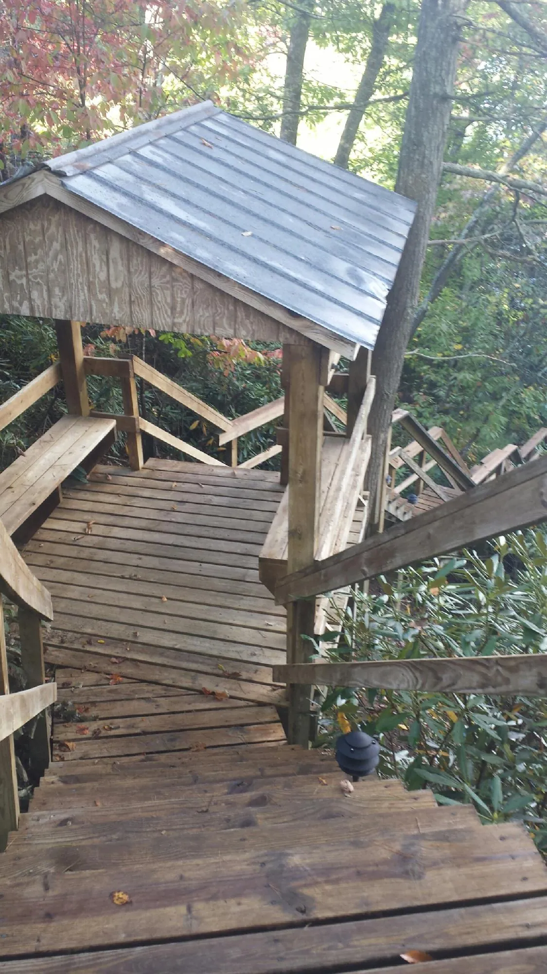 Metal roofed shelter over wooden steps on a wooded walkway — Skylight Repair & Installation work by our crew in Cades
